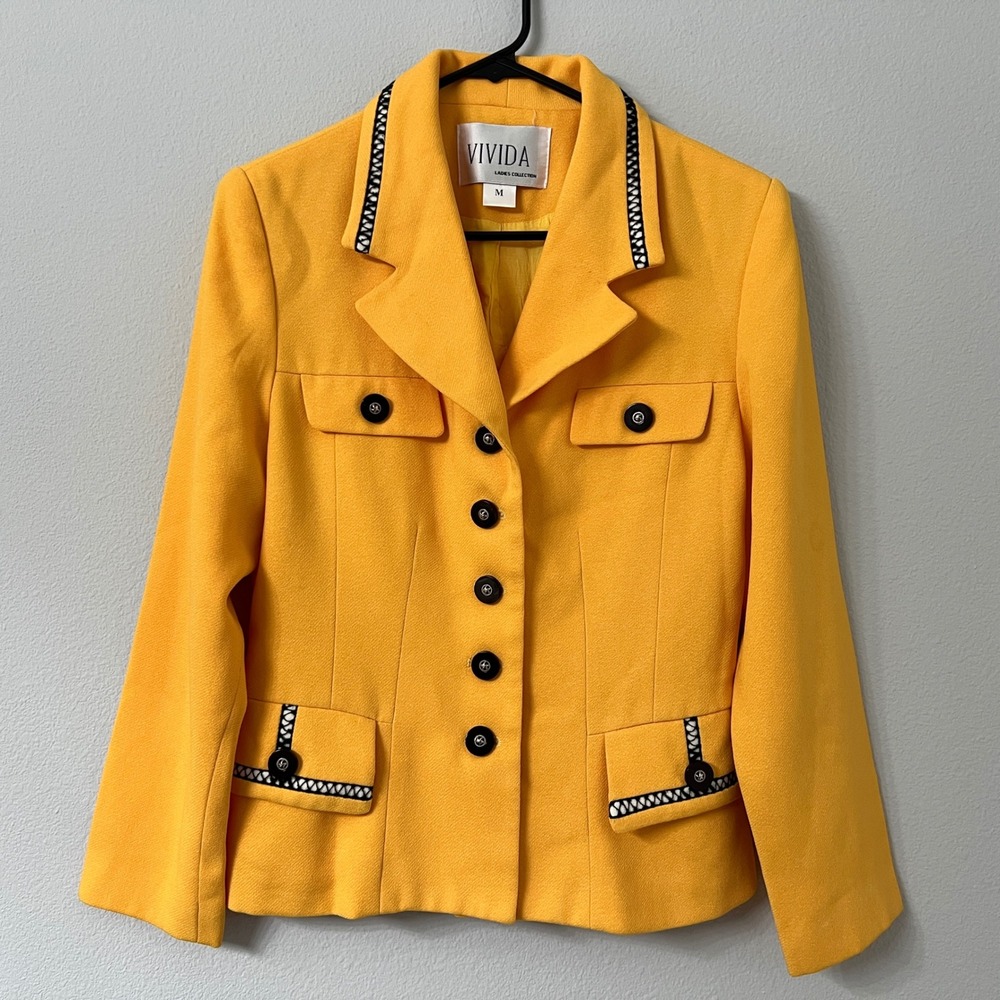 Vintage Vivida Blazer Womens Size M Yellow Textured Button Front Trim
